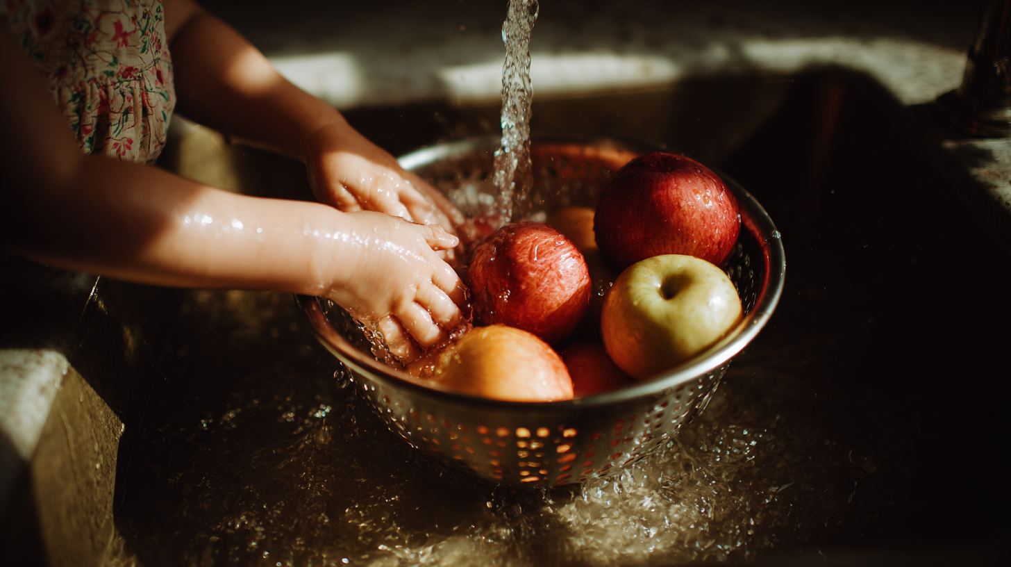 Small hands washing fruit at a kitchen sink, water catching afternoon light, colander at the edge of frame